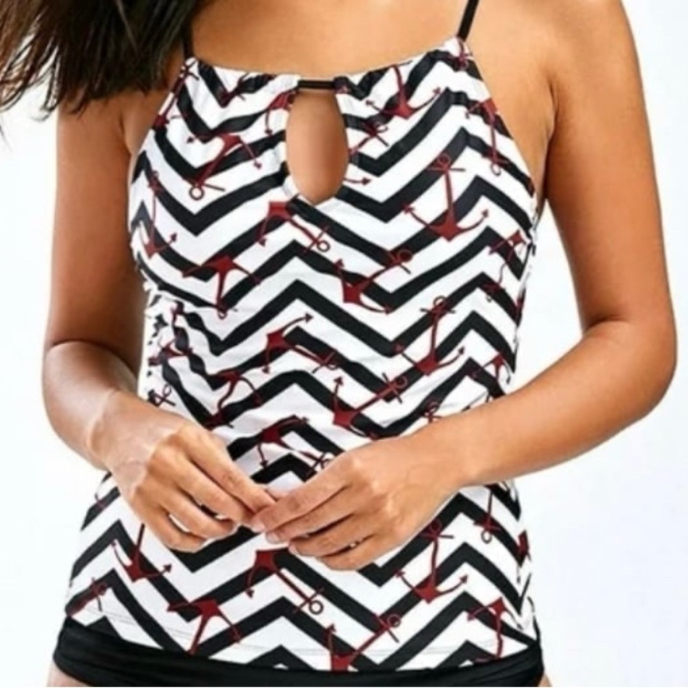 Black & White Chevron With Red Anchors Print Halter Tankini Top, Size S